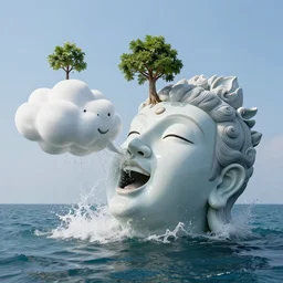 a massive porcelain sculpture on the ocean water of god's face crushed on a happy cloud spewing a little happy tree from his mouth, in the style of johnson tsang, funny sculpture, lucid dream series, cinematic, hyper - realistic, very detailed, realistic water splashes, ray tracing, 8 k resolution, long - shot, sharp focus, low angle, 8 5 mm photograph, wide lens