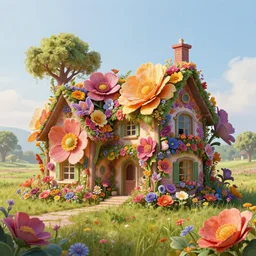 a hiper intricate 3 d artwork of a beatifull house made from big flowers in the serene field, intricate, highly detailed, digital painting, artstation, concept art, extremely detailed, sharp focus, octane render wide view, smooth, digital illustration, colorfull, by wlop, by victo ngai, by hieronimus bosch
