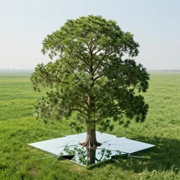 mandarin tree in a field, branches as fractal like shaped, stacked in 4 d dimension, reflecting from a broken mirror by mc escher