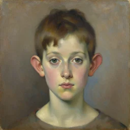 expressive medium shot portrait of a woman with big ears and a small head, short brown hair, brown and blue palette, oil painting, impasto, muted colors, artwork by arnold bocklin