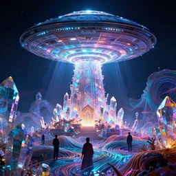 mysterious glowing ufo hovers over mythical crystal temple, infinite fractal waves, dramatic bright neon colors, highly detailed, cinematic, synthwave, robert morello, vladimir kush, phillipe druillet, chris foss, roger dean, michael whelan, bruce pennington, lisa frank, alfred kelsner, kubrick, wojtek suidmak