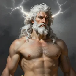 painted portrait of rugged zeus, god of thunder, greek god, white hair, masculine, mature, handsome, upper body, muscular, hairy torso, fantasy, intricate, elegant, highly detailed, digital painting, artstation, concept art, smooth, sharp focus, illustration, art by gaston bussiere and alphonse mucha