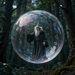 an old wizard trapped inside a floating soap bubble among the trees, ethereal, fantasy, style of rene magritte, dramatic lighting