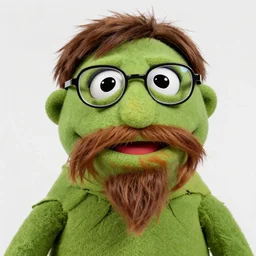 muppet with long goatee and mustache, glasses and short brown hair