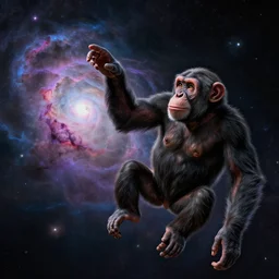 a chimpanzee floating through outer space reaching out and touching nebula with it's finger, digital art, 8k