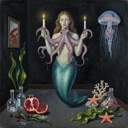 sensual, a dark apartment with black walls, portrait of a mermaid holding an octopus, candles, berries dripping juice, pomegranate, jellyfish, seaweed, berries, trash, starfish, coral, rocks, seaweed, empty pet bottles, scientific glassware, by magritte, neo - expressionism, surrealism, acrylic and spray paint and oilstick on canvas
