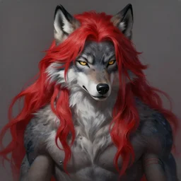 award winning painting of a anthropomorphic black male wolf fursona long red hair | | artstation, pinterest, volumetric lighting, highly detailed, photorealistic