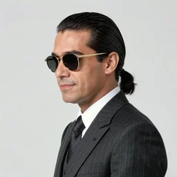 a 1 9 8 0 s businessman, wearing a pinstripe suit, hair in slick low ponytail, sunglasses. secret vampire. character art by wayne reynolds.