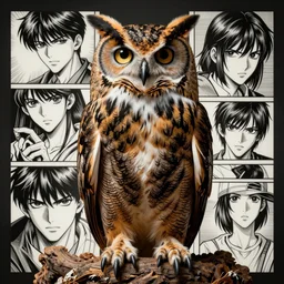 beautiful hyperrealist highly detailed cinematic lighting studio portrait of a great horned owl, symmetrical full body, high contrast wood engraving, kentaro miura and charles burns manga style, shocking detail trending on artstation 8 k