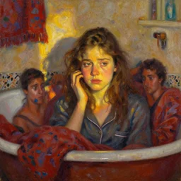 aubrey plaza miffed because no one is making ai art of her, face, warm glow, cozy study bathed in light, captured memory, recollection, impressionism, woven textiles, stucco wall, radiosity, terrazzo, pj crook, michael garmash, livia prima, nick alm, casey baugh, deep color, oil on canvas
