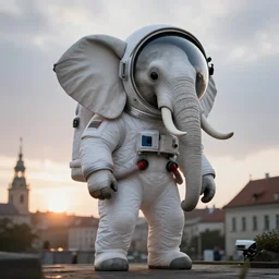 giant elephant wearing white american brutalist maximalist spacesuit with oversized giant helmet as astronaut animal, in legnica, sunrise, overcast bokeh, cctv - c 8