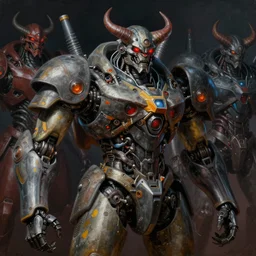 a dark and colorful close - up of sci - fi mecha demons. highly detailed science fiction painting by norman rockwell, frank frazetta, and syd mead. rich colors, high contrast, gloomy atmosphere, dark background. trending on artstation