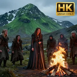 witch weeping at the stake, angry people watching the fire consume her, fantasy artwork, nordic scenery, snowy green mountain, hd, hdr, ue 5, ue 6, unreal engine 5, cinematic 4 k wallpaper, 8 k, ultra detailed, high resolution, artstation, award winning