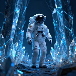 3 d render of an astronaut walking through a crystal forest of geometrical blue neon, 4 k, award - winning, moody, dramatic, photorealistic, volumetric lighting, octane render