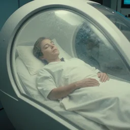 a tight shot of Ripley sleeping inside an all-white cryogenic sleeping pod with fogged up glass covers by Ridley Scott, Alien movie, grainy, bluish and cream tones