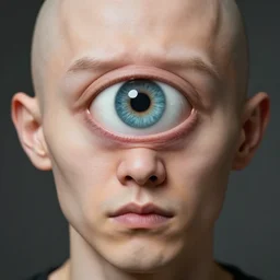 Portrait photo of an unbrushed cyclops-like man without nose and with one giant eye, high quality photo, 85mm, focused, fantasy, digital art