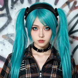 highly detailed closeup portrait of a sewer punk pretty female road warrior student, tartan garment, cyan hair pigtails with headband by atey ghailan, by greg rutkowski, by greg tocchini, by james gilleard, by joe fenton, by kaethe butcher, gradient cyan, black, brown and white color scheme, grunge aesthetic!!! white graffiti tag wall background