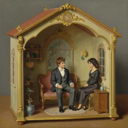 a tiny realistic proportioned man sitting down inside a dollhouse. beautiful, ornate detailed painting by artgerm and magali villanueve and michael whelan