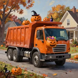 classic oil painting, a dump truck trick or treating with a big basket of candy, as a dnd character, on a fall suburban street on halloween, cottagecore, highly detailed, digital illustration, concept art, smooth, sharp focus, art by greg hildebrandt, and tim hildebrandt