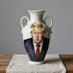 beautiful studio photograph of a ceramics display with a portrait of boris johnson painted by hans holbein painted onto a tall angular stoneware vase with handles placed on a tablecloth on a wooden table, hyperrealism 8 k trending on artstation