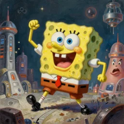 a high detailed painting of a monster hybrid fusion of spongebob and patrick, having a fit of rage and destroying a futuristic city, surrealism, magical realism bizarre art