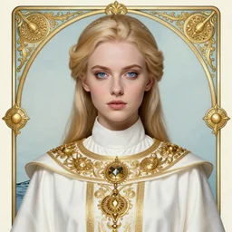 portrait of a gorgeous young priestess in ornamental white robes, gold accessories, face details, blond hair, ponytail, white skin, blue eyes, sharp focus, award - winning, masterpiece, highly detailed, intricate, by rebecca guay, rossdraws, tarot card border