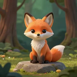 a small animal with a fox face sits on a stone, shady forest, cartoony but elaborate and detailed style, high quality, 3 d render