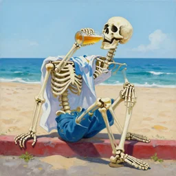 painting of a skeleton wearing summer clothes, sitting on the curb at a beach, drinking beer and enjoying life