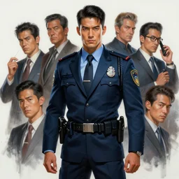concept art of stunning male cop wearing suit, highly detailed painting by dustin nguyen, akihiko yoshida, greg tocchini, greg rutkowski, cliff chiang, 4 k resolution, trending on artstation, 8 k