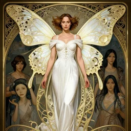 gal gadot as a fairy with butterfly wings, intricate, elegant, d & d, powerful, fantasy, art nouveau, white dress, art by art by artgerm and greg rutkowski and ruan jia and peter polach