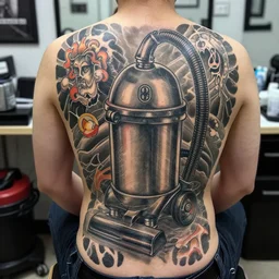 elaborate full - back irezumi tattoo of an industrial vacuum cleaner, tattoo parlor photo, realistic and coherent