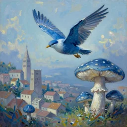 cetriolo azzurro con le ali che vola su una citta composta da funghi, dipinto a olio