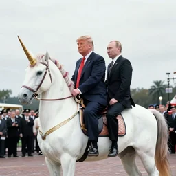 an award winning pulitzer price analog photograph of donald trump and vladimir putin sitting on a unicorn. wide angle