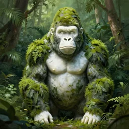a marble statue of a gorilla covered by the dense jungle, digital painting, concept art, artstation