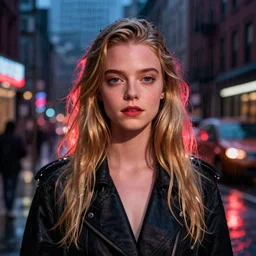 night flash portrait photography of anya taylor - joy on the lower east side by annie leibovitz, raining!!!, colorful!!, nighttime!!,