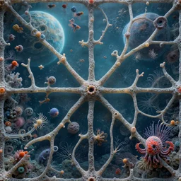 beautiful and artistic glial hyphae on a fantastic planet and unusual critters of the ocean, highly detailed, seamless tiling pattern, sharp detail, cinematic