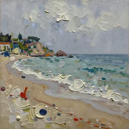 palette knife painting of a close up of a three - dimensional thick impasto oil painting of a rainy italian beach scene, seen through complex globular texture, lots of thick encrusted paint, vast amounts of wax - like lines of dripping oil paint cover nearly everything, painted by signac and frank auerbach, background thick encrusted paint