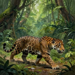 a realistic drawing of a strange jungle, with a large animal stalking in the foreground ( a reptilian jaguar ).