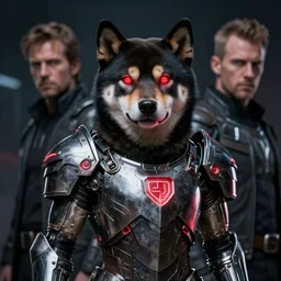the wolf brigade armor, metal anthropomorphic shiba inu, science fiction, red glowing eyes neon, dark, portrait by donato giancola and greg rutkowski and wayne barlow, realistic face