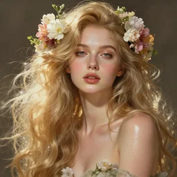 epic portrait an beautiful goddess with long blonde flowing hair full off flowers, sweaty skin, glossy lips, beautiful, broad light, ambient occlusion, volumetric light effect, made by ivan aivazovsky, peter mohrbacher, greg rutkowski, matte painting, trending on artstation, 4 k, perfectly defined features, digital painting