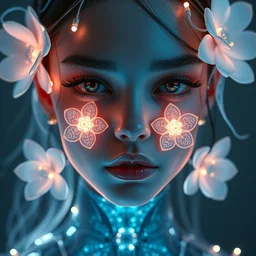 very up close symmetrical sci fi portrait of fashion elegant sophisticated of a translucent beautiful dainty cyborg lolita girl, dramatic lighting, ultra detailed ornate neon wire decoration, complex white nano mechanical flowers, micro detail, by satoshi kon, sharp focus, trending on artstation hq, deviantart, pinterest, unreal engine, 8 k