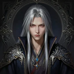 head-on centered symmetrical painted portrait, Noctis/Sephiroth as an androgynous Mage, intricate fantasy robes, fantasy, intricate, elegant, highly detailed, digital painting, smooth, sharp focus, illustration, dramatic lighting, artstation, in the style of Artgerm and Anna Podedworna and Alex Ross, 8k