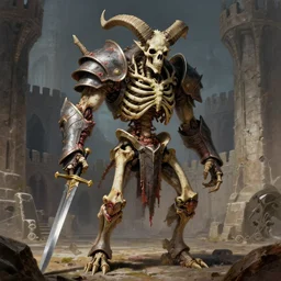 A spiked horned semiork-semihuman skeleton with armored joints stands in a large fortress with a sword in hand. Massive shoulderplates. Extremely high details, realistic, fantasy art, solo, masterpiece, bones, ripped flesh, saturated colors, art by Zdzisław Beksiński, Arthur Rackham, Dariusz Zawadzki
