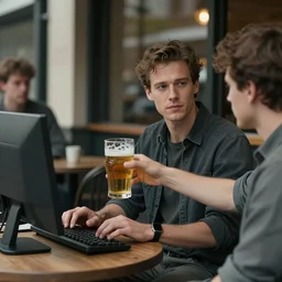 a realistic photo portrait of a man sitting outside a restaurant playing on his computer, friend is offering him a beer, character concept art, face by wlop, face symmetry, style of krenz cushart, ashley wood, and charlie bowater and craig mullins, intricate accurate details, artstation trending, octane render, cinematic color grading, muted colors, soft light, rule of thirds, like a professional model, cinematic, 8 k
