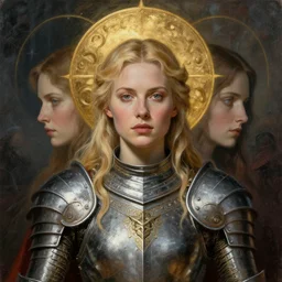 masterpiece head-on symmetrical centered painted portrait, Imogen Poots and Elisha Cuthbert as a warrior paladin, blonde hair, golden halo, ornate iron armour, elegant, distant, in the style of Edgar Maxence and Ross Tran and Zdzisław Beksiński and Michael Whelan and Anna Podedworna and gustav dore and H.R. Giger, 8k, octane render