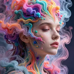 a beautiful woman engulfed in colorful liquid smoke and neon clouds, a colorful psychedelic experience, dmt, lsd, face, delicate, highly detailed, digital painting, artstation, concept art, smooth, sharp focus, illustration, digital art by hana yata, and artem demura and beeple, octane render, unreal engine, 8 k