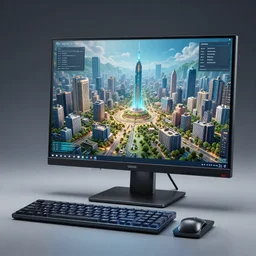 futuristic computer that has an ai generated civilization module that makes an entire living and sentient civilization inside the computer from your input, product display ces e 3, photograph 2 0 0 8