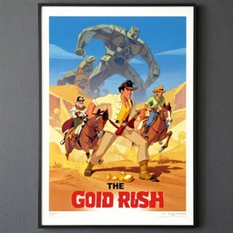 the gold rush , Animation printed poster , Artwork by James Gilleard, cinematic composition, trending