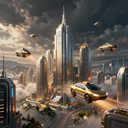Atompunk city with flying cars
