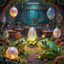 in the spongey classroom, cursed pearls are like shapeshifters intricate detailed glowing engravings, ornate, ancient forest, vibrant colors, frog perspective, D&D, Magic The Gathering, by Craig Mullins, volumetric lighting,